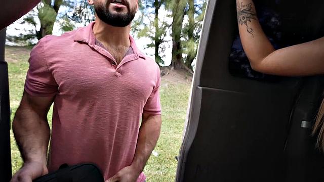 Muscled jock pulled to fuck gay in public outdoor van