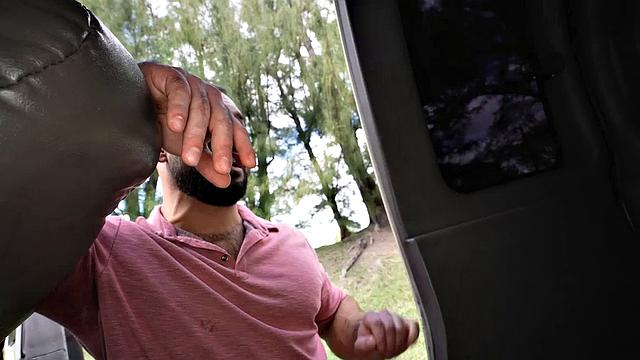 Muscled jock pulled to fuck gay in public outdoor van