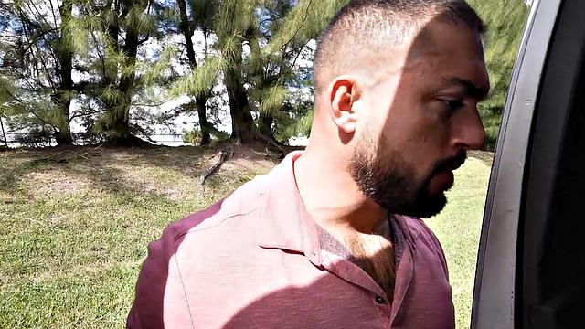 Muscled jock pulled to fuck gay in public outdoor van