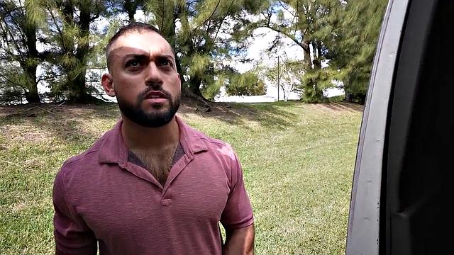 Muscled jock pulled to fuck gay in public outdoor van