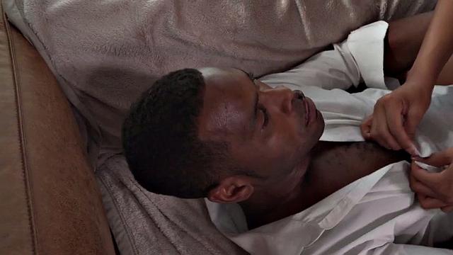 Black round ass babe with medium boobs rides her man