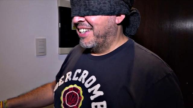 We find daddy Ferdinand blindfolded, on his knees, and two twinks standing over him with their stiff cocks in his face. He grabs hold of Cesar and Giorgio's dick and starts licking each.