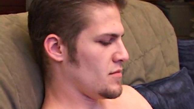 When Alex kicks back on the couch, his stiff dick is already visible through his pants. Once naked, he fists his shaft, working it from all angles. As the girls on the DVD he's watching scream louder and louder, Alex gets harder and harder.