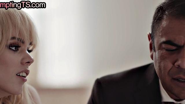 Tempting TS babe barebacked by businessman in her skinny ass