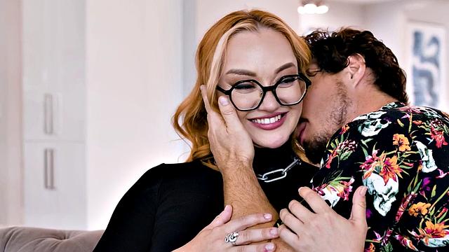 Busty ginger babe pounded on couch for intense orgasm