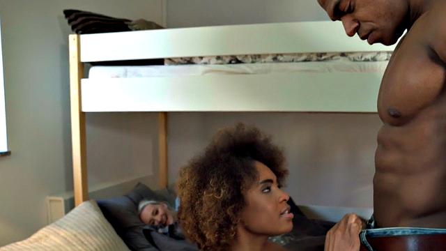 Blonde babe shares boyfriend's BBC in wild threesome with black babe in socks