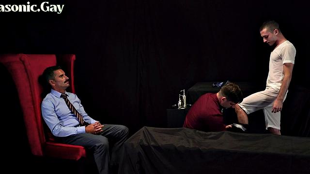 Religious twink fucked in 3some by dominant DILFS