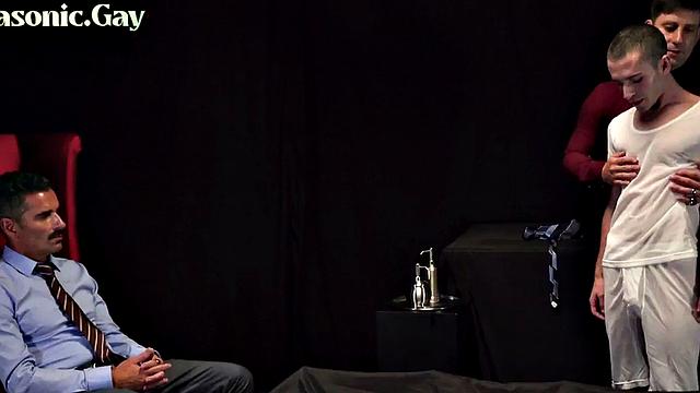 Religious twink fucked in 3some by dominant DILFS