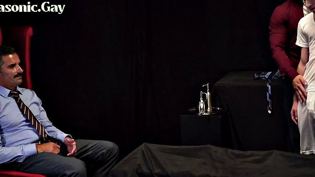 Religious twink fucked in 3some by dominant DILFS