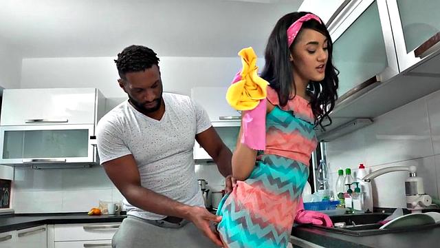 Tiny black maid gets BBC doggystyled in her tight pussy