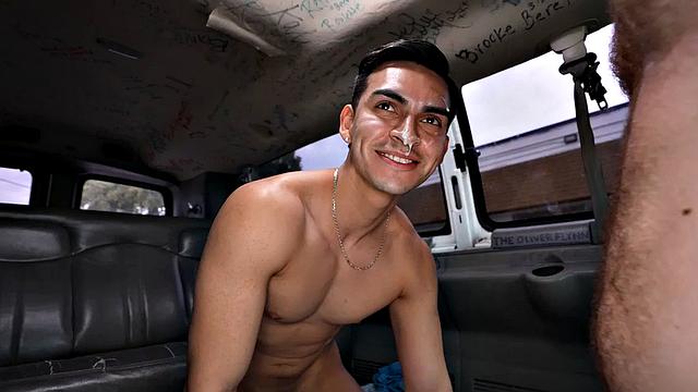 Str8 pulled jock fucks cum-loving guy in public outdoor van