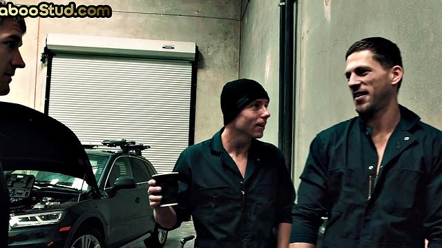 Kinky stepbrother barebacked in mechanic store by a stud