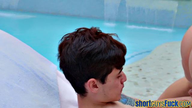 Big-titted blonde MILF riding short guy