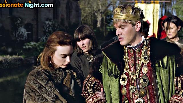 Big-titted warrior deepthroating king before facial threesome