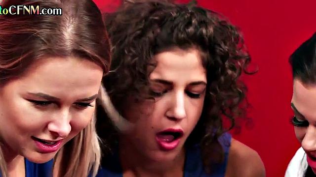 CFNM cheerleaders suck Black cock in locker room