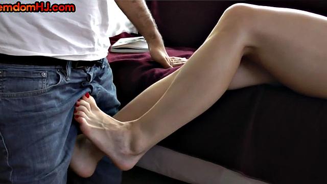 Mean footjob session by domina