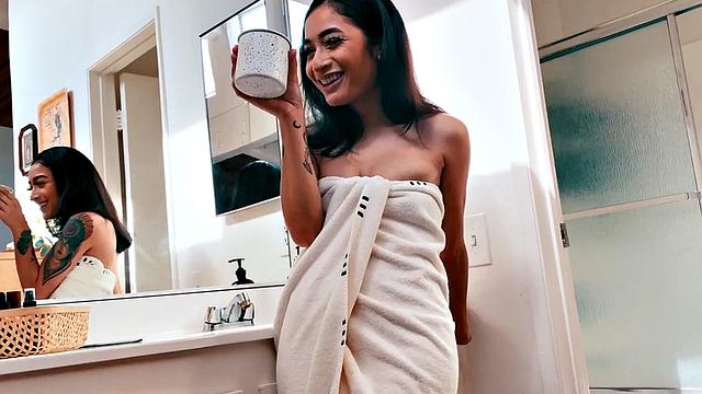 Petite babe rubbing her soaking clit in the shower