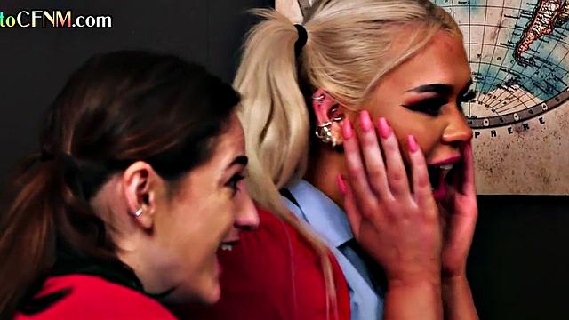 CFNM college babes in uniform sucking teacher's cock