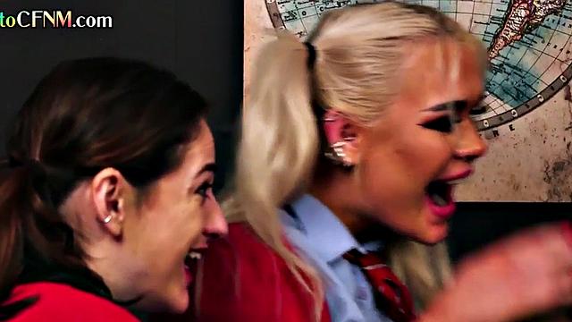 CFNM college babes in uniform sucking teacher's cock