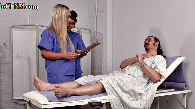 CFNM British nurses jerk cock in 3way till cumshot