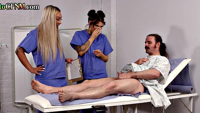 CFNM British nurses jerk cock in 3way till cumshot
