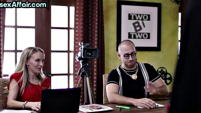 Horny blonde pounded in bisex 3some