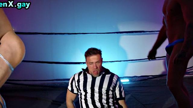 Muscled gay wrestlers fuck judge in threesome anal