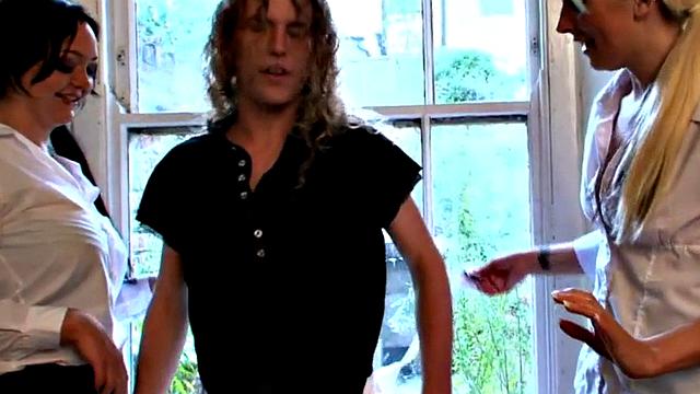 Dominas wanking micro penis in kinky threesome