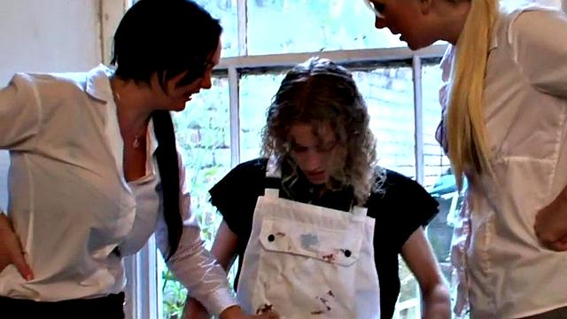 Dominas wanking micro penis in kinky threesome