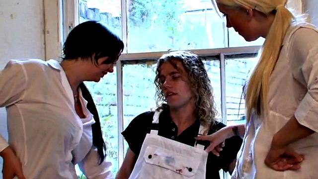 Dominas wanking micro penis in kinky threesome