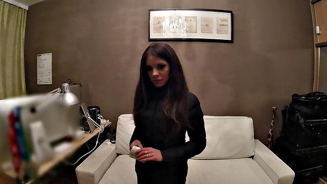 Russian Babe with a bald pussy gets pounded in POV doggystyle on the sofa