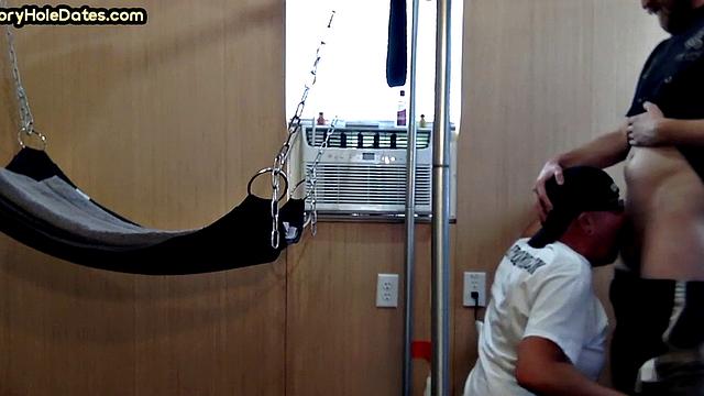 Homemade gloryhole BJ barebacked in sling at home