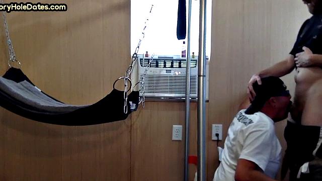 Homemade gloryhole BJ barebacked in sling at home