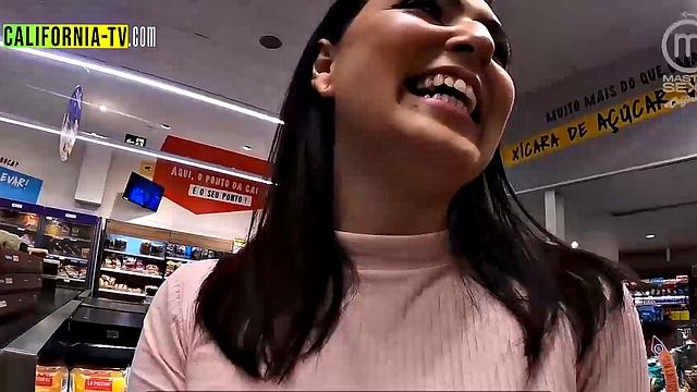 Naughty influencers spotted without panties and breasts out at the market!