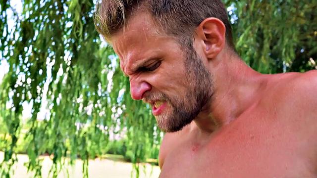 Watch this babe get double penetrated and taste jizz after rough outdoor threesome action!