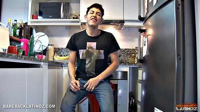Our featured solo boy of the week is cute young Santiago. We find him in the kitchen, where he's about to jerk off for us, with a sex toy. By the time he's pulling off the underwear, his big uncut dick is getting stiff.