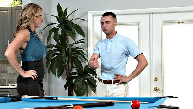 Hot blonde MILF Kenzi Foxx hustles the pool table cleaner into fucking her wet pussy