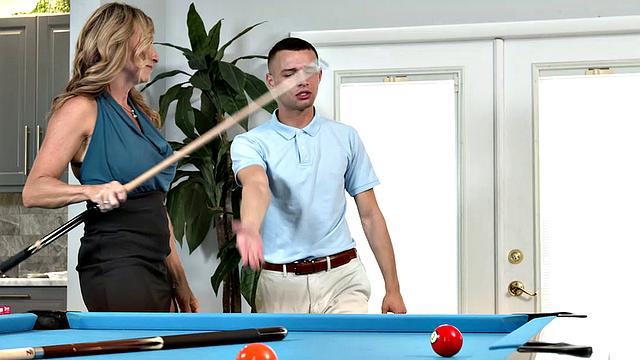 Hot blonde MILF Kenzi Foxx hustles the pool table cleaner into fucking her wet pussy