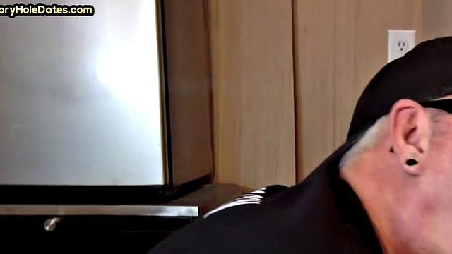 Gaydaddy adores sucking gloryhole cock at his home