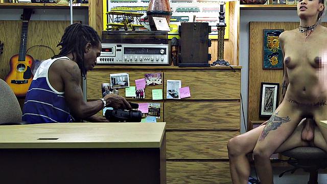 Pawnshop babe doggystyled in office after deepthroat