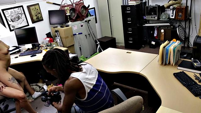 Pawnshop babe doggystyled in office after deepthroat