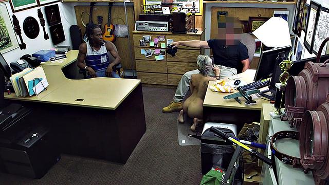 Pawnshop babe doggystyled in office after deepthroat