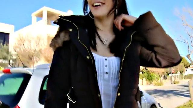 Public nasty blowjob by small-titted slut in lingerie