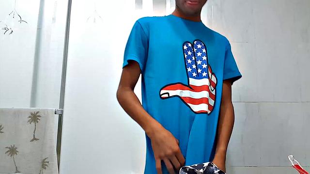 Little Lucas Prescott jerks off in the bathroom, once again stroking his uncut monster. Stand to see profiles of his huge cock.