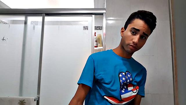 Little Lucas Prescott jerks off in the bathroom, once again stroking his uncut monster. Stand to see profiles of his huge cock.