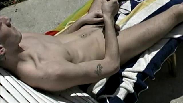 Cooling off in the pool, 19-year-old Garrett Brennan is horny and needs to relieve himself. After getting comfortable in a poolside lounge chair, he proceeds to stroke his throbbing uncut 7-inch cock until he releases his load into the air.