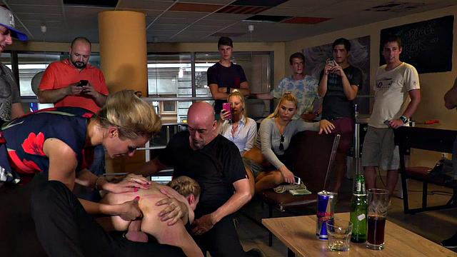 Blonde MILF dominated & fucked in public orgy by voyeurs & their cocks