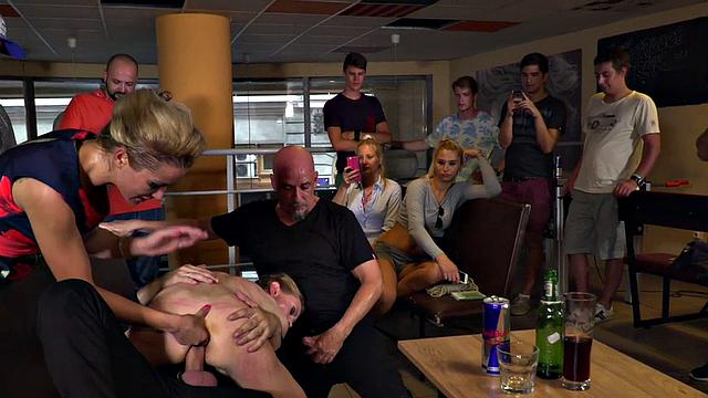 Blonde MILF dominated & fucked in public orgy by voyeurs & their cocks