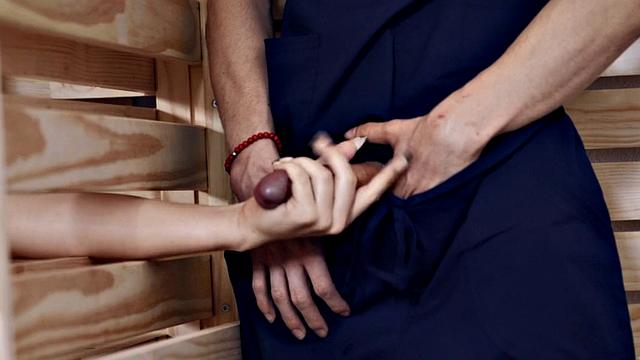 Pornstar babe barebacked and mouth jizzed in the sauna