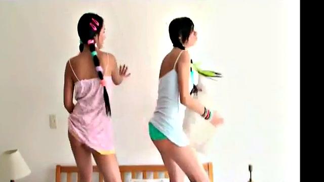 Watch Tiny Tessa and her busty friends tease each other in lingerie and fishnets